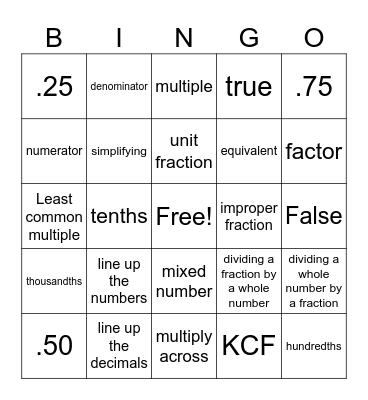 Math Vocabulary Bingo Card