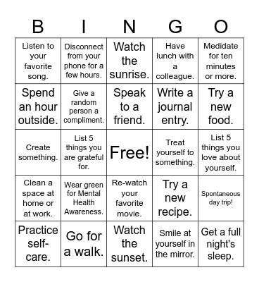 Mental Health Awareness Month Bingo Card