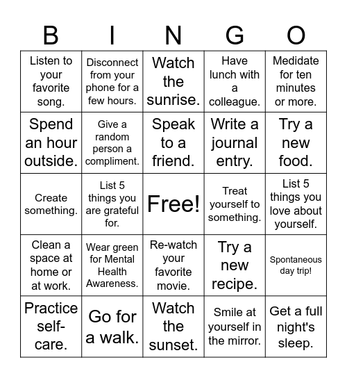 Mental Health Awareness Month Bingo Card