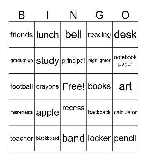 Back to  School Bingo Card