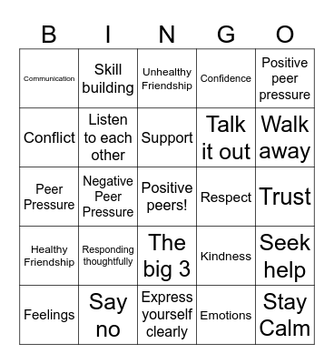 Positive Peers Bingo Card