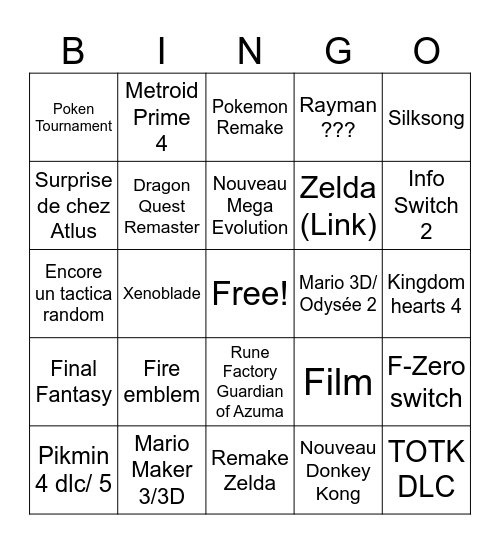 Nintendo Direct 27/03 Bingo Card