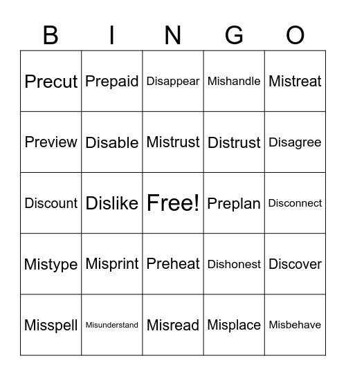 Prefixes Bingo Card