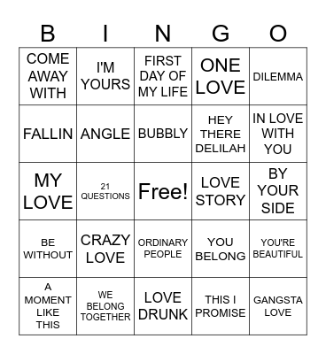 MUSIC 2000 LOVE SONGS Bingo Card