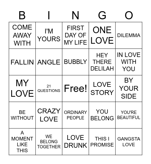 MUSIC 2000 LOVE SONGS Bingo Card