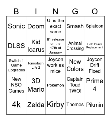 Switch 2 Bingo Card