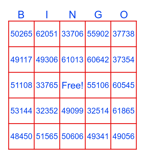 Zip Code BINGO Card