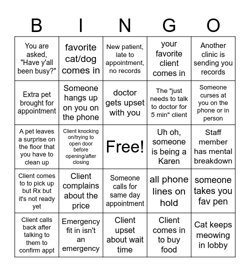 Veterinary Receptionist Bingo Card