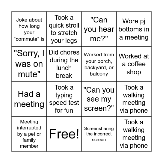 Remote Work Bingo Card