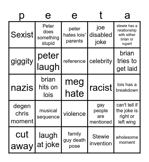 Family Guy Bingo Card