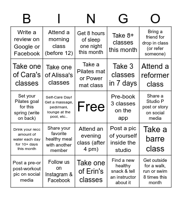 Pilates Bingo Card