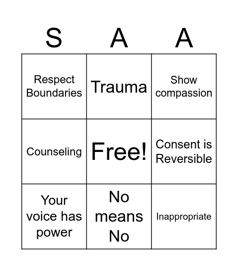 Sexual Assault Awareness Bingo Card
