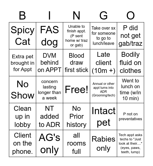 Vet Tech Bingo! Bingo Card