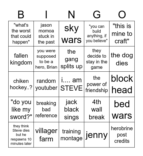 minecraft movie bingo Card