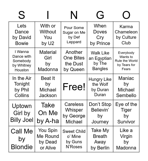 80's Hits Bingo Card