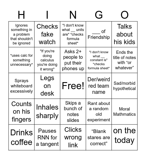April 1st Hingo Bingo Card