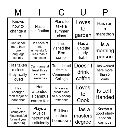 Find someone who fits each criteria, fill in their name, and learn more about them! You can only use a person's name Bingo Card