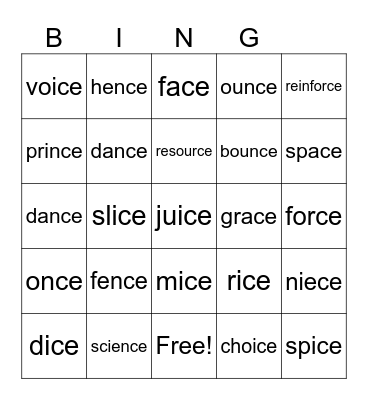 -ce at the end of a word Bingo Card