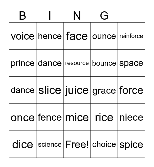 -ce at the end of a word Bingo Card