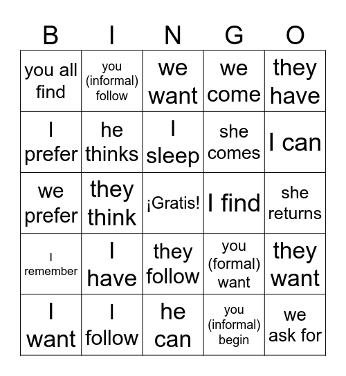 Verbos irregulares del presente Bingo Card