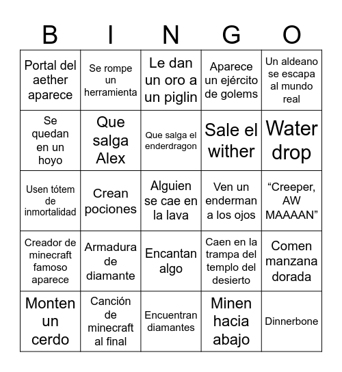 Minecraft Movie Bingo Card