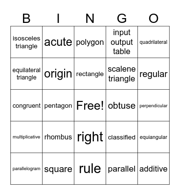 Math Vocabulary Bingo Card