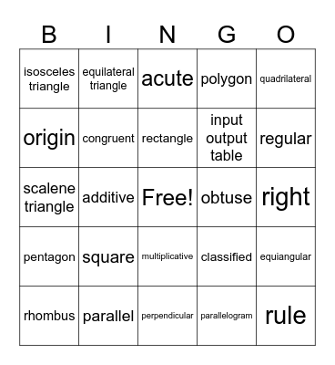 Math Vocabulary Bingo Card