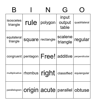 Math Vocabulary Bingo Card