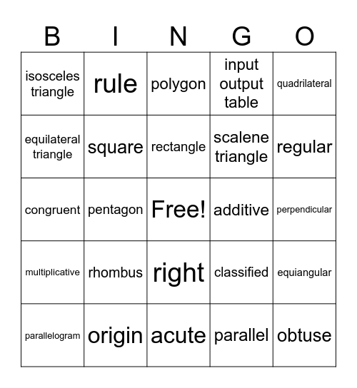 Math Vocabulary Bingo Card