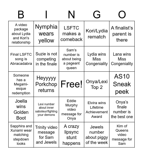 Finale/Reunion Bingo Card