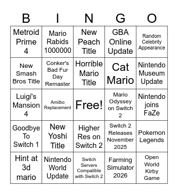 Nintendo Direct 3/27/2025 Bingo Card