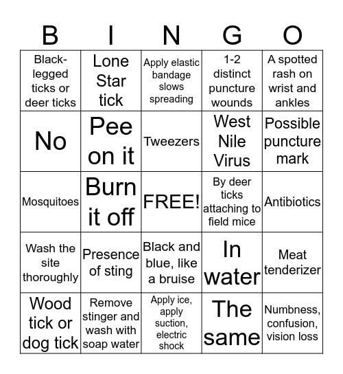Bites and Stings Bingo Card