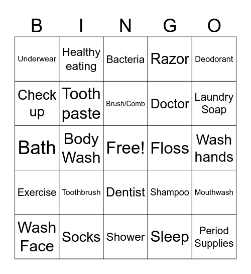 Hygiene Bingo Card