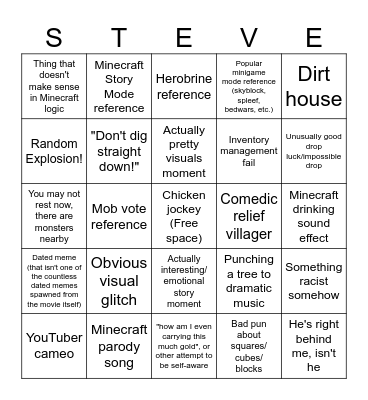 My Minecraft Movie Bingo Card