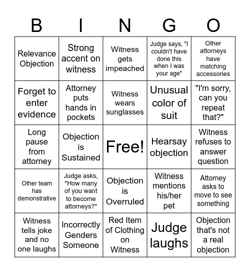 Mock Trial Edition Bingo Card