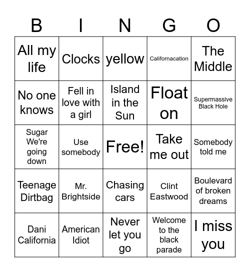 2000's Alternative Bingo Card