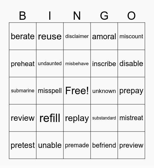 PREFIX BINGO! re, un, mis, pre, in, dis, be, a, sub Bingo Card