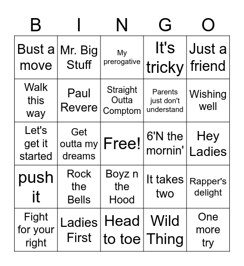 80s HIP HOP/R&B Bingo Card