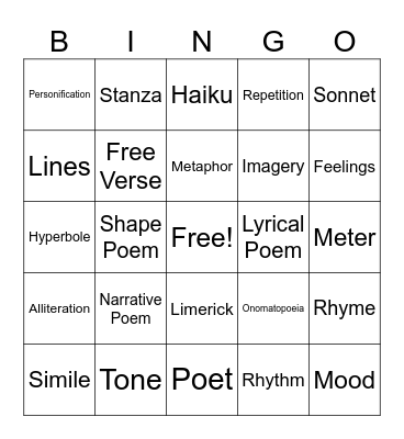 Poetry Bingo Card