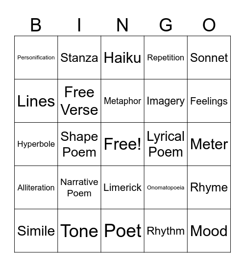Poetry Bingo Card