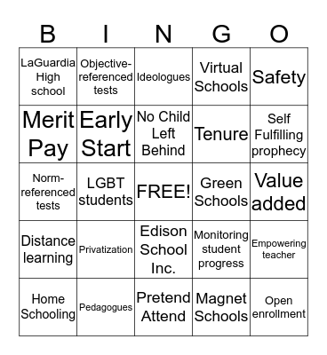 Reforming America's Schools Bingo Card