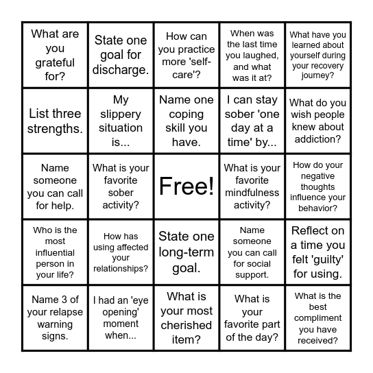 Substance Use Recovery Bingo Card