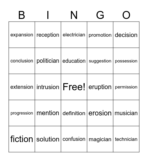 -tion, -sion, -cian (shun sound) Bingo Card