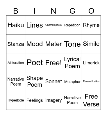 Poetry Bingo Card