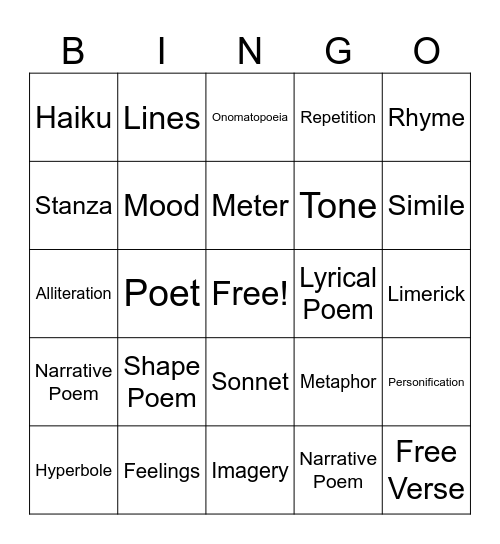 Poetry Bingo Card