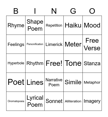 Poetry Bingo Card