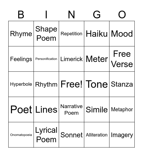 Poetry Bingo Card