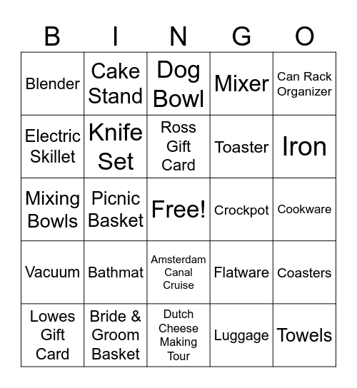 Kelly's Bridal Bingo Card