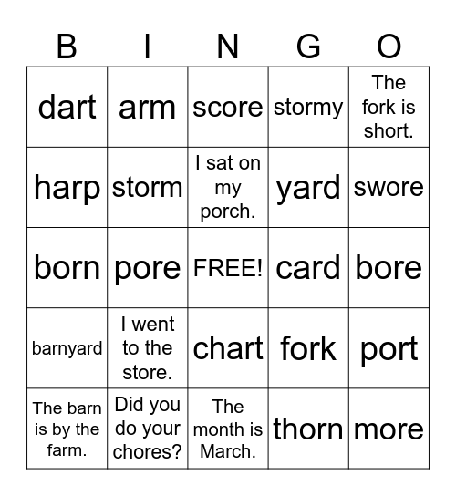 -ar, -or, -ore Bingo Card