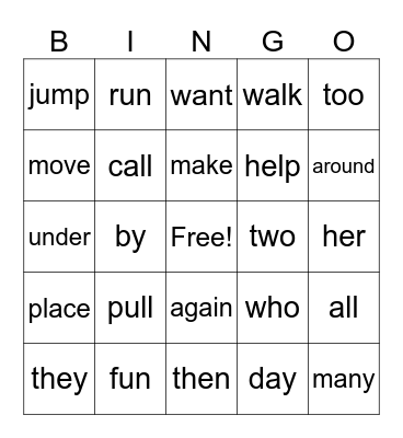 Heart Word Bingo Card